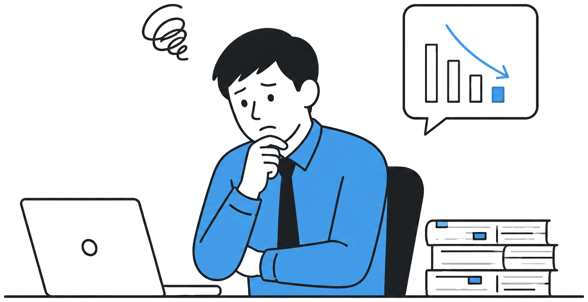 導入前の課題を示す悩む人物のフラットイラスト