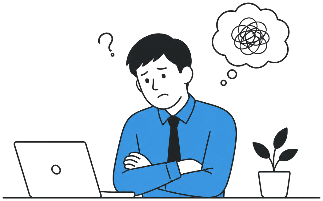 導入前の課題を示す、考え込む人物のフラットイラスト